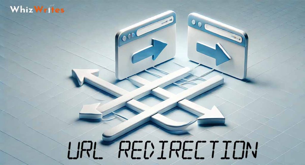 Minimalistic digital illustration depicting URL redirection, featuring interconnected browser windows with directional arrows guiding from one URL to another. The design uses a sleek blue and white color scheme, symbolizing seamless navigation and efficient web redirection.