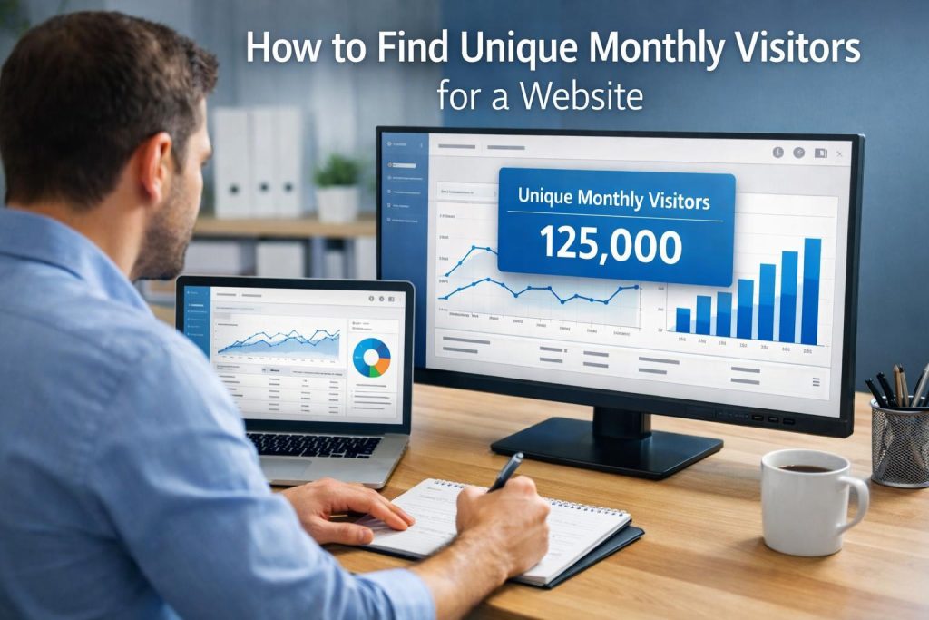 How to Find Unique Monthly Visitors for a Website shown on an analytics dashboard as a marketer reviews traffic charts